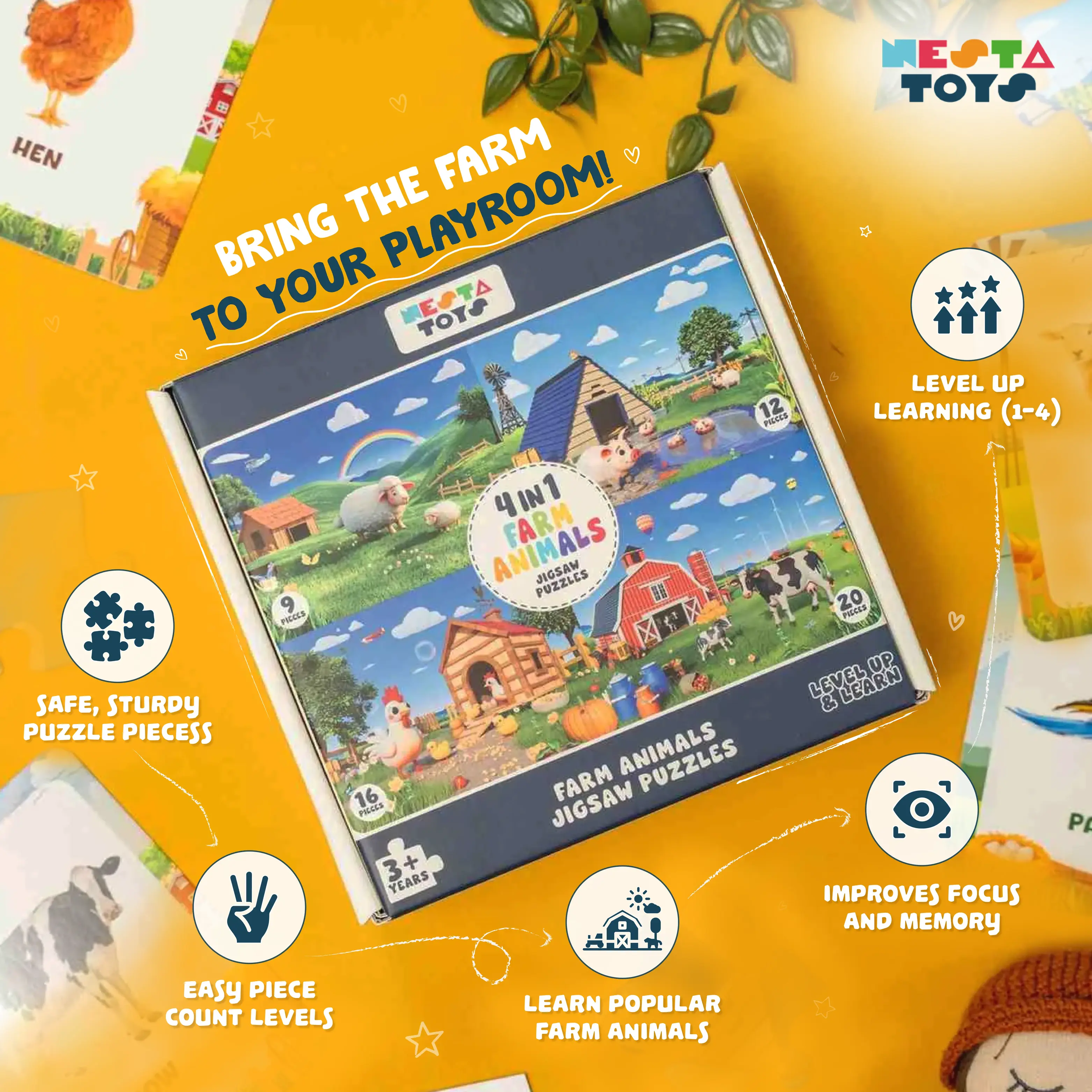 Farm Animals - 4 in 1 Level Up & Learn Jigsaw Puzzle (9 Pcs - 20 Pcs) - Image 2