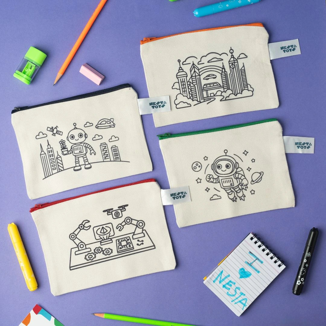 DIY Coloring Cotton Pouch for Kids (Set of 4) – Robots and Future Tech - Image 2