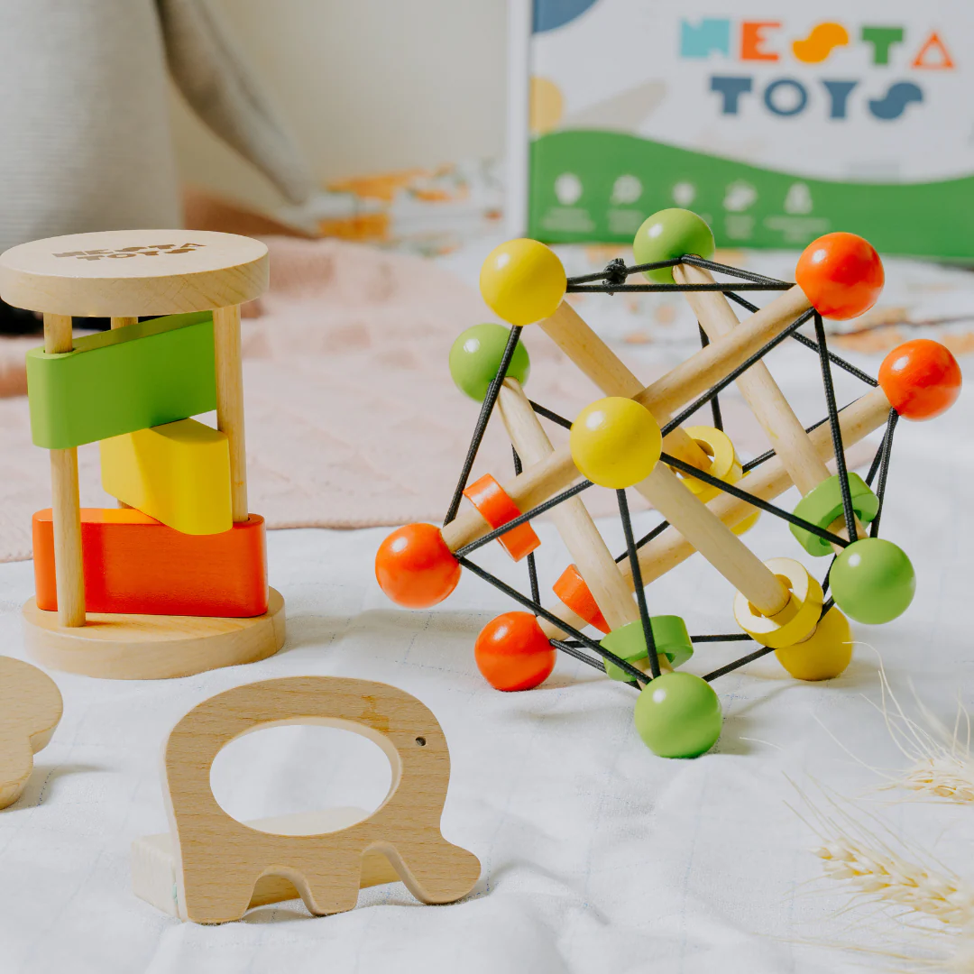 Newborn Gift Set – Wooden Skwish Rattle, Clacker Rattle & Elephant Teether