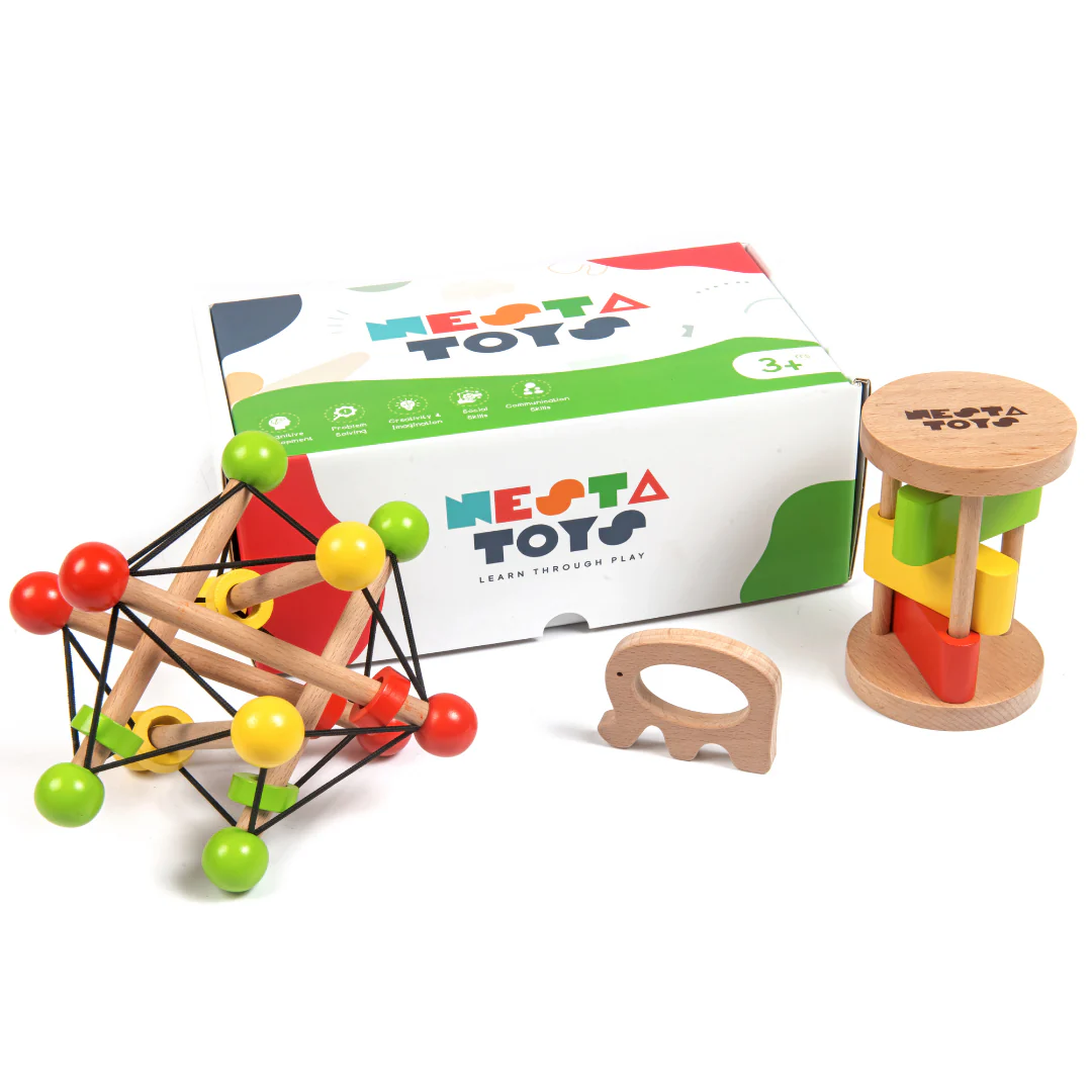 Newborn Gift Set – Wooden Skwish Rattle, Clacker Rattle & Elephant Teether - Image 2